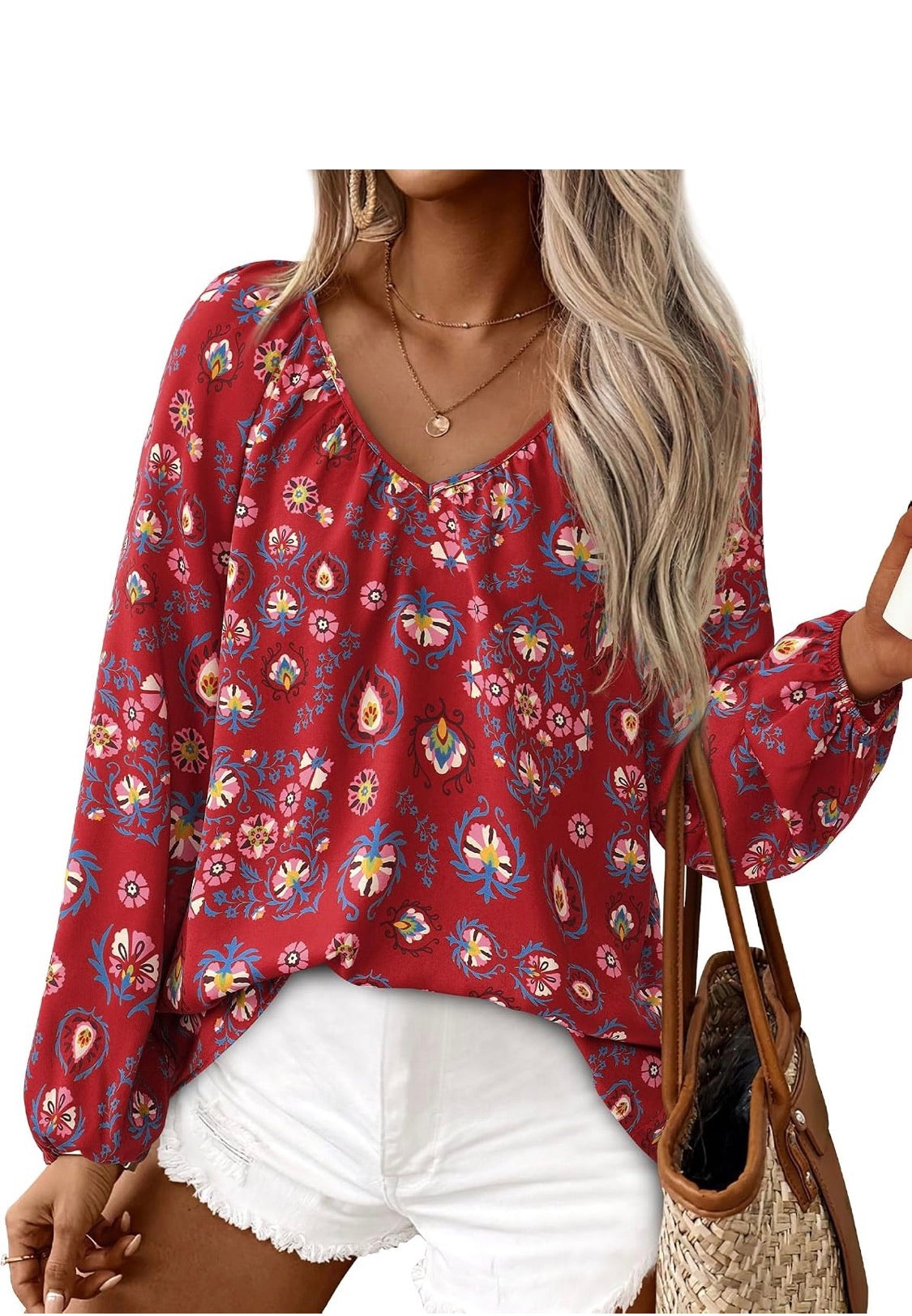 Zenloner V-Neck Satin Floral Fall Top