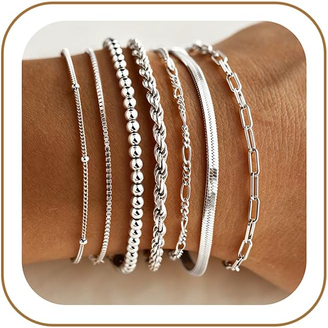 7PCS Silver Plated Bracelets for Women, Bracelet Set