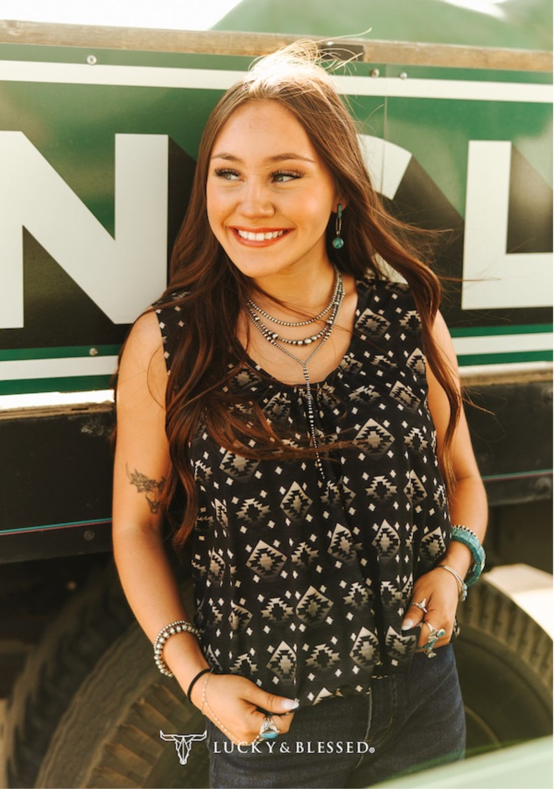 Black and Tan Aztec Printed Elastic Waist Tank Top