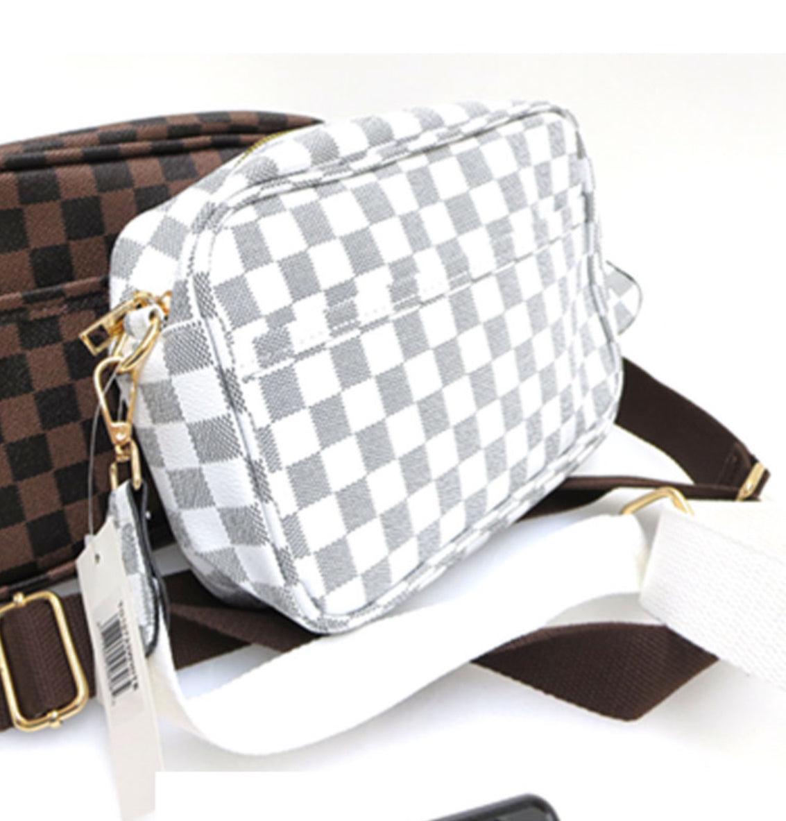White With Black Checkered Pattern Crossbody Purse