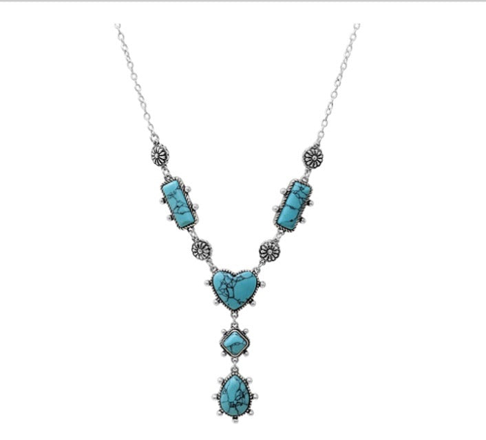 Burnished Silver & Turquoise Lariat Necklace