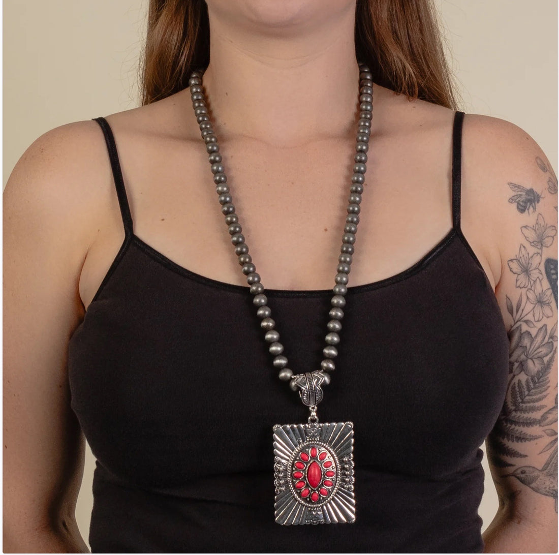 Red Burst Aztec Style Pendant on Navajo Beads with Matching Earrings