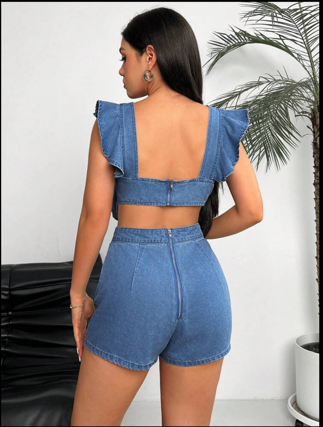 Pleated Floral Ruffle Denim Overalls