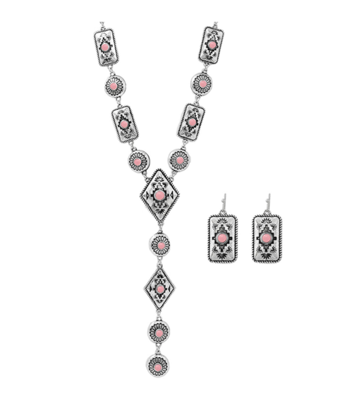 Silver with Pink Stud Aztec Style “Y” Necklace with Matching Dangle Earrings