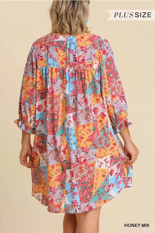 Mixed Print Crochet Trim Ruffled Sleeve Dress with Back Keyhole and No Lining