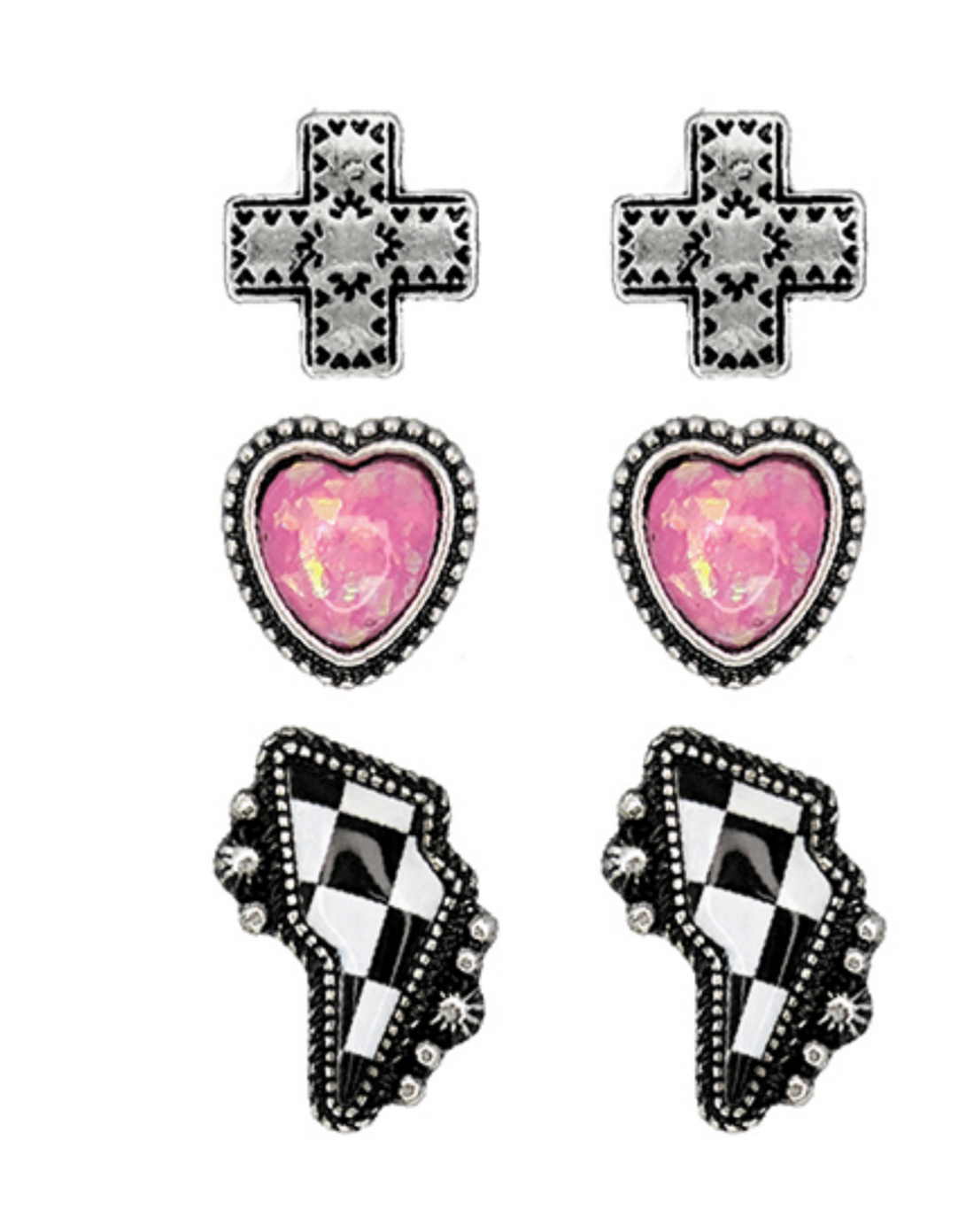 3 Pc. Heart, Bolt, Cross Stud Earrings
