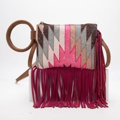 Montana West Pink Aztec Print Fringe Ring Handle Wristlet Clutch