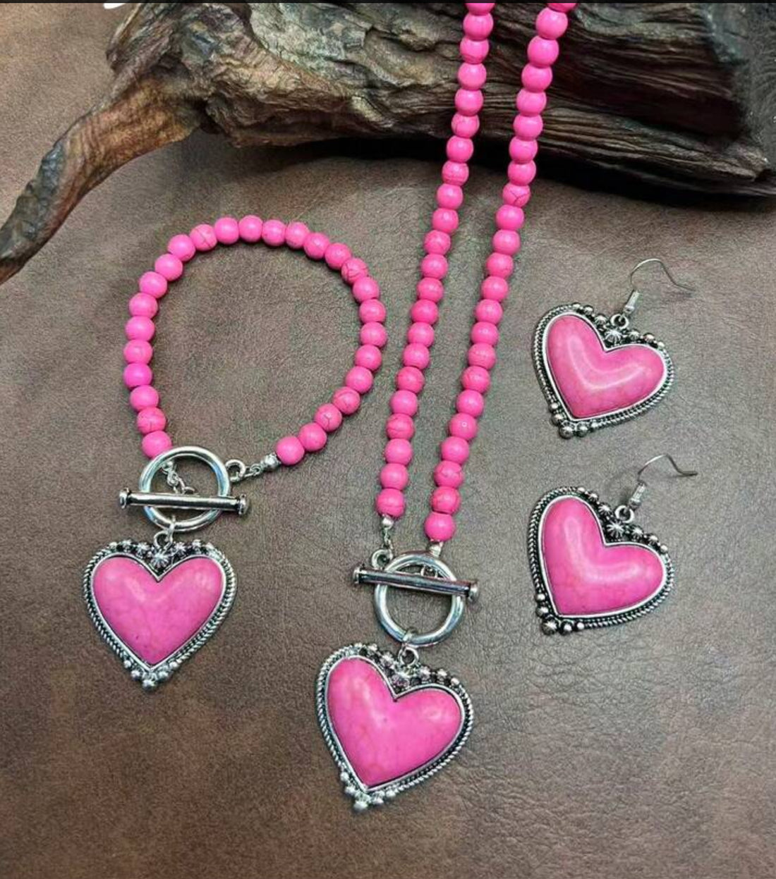 Vintage Bohemian pink Turquoise Heart Pendant, Necklace, and Dangle Earring Set