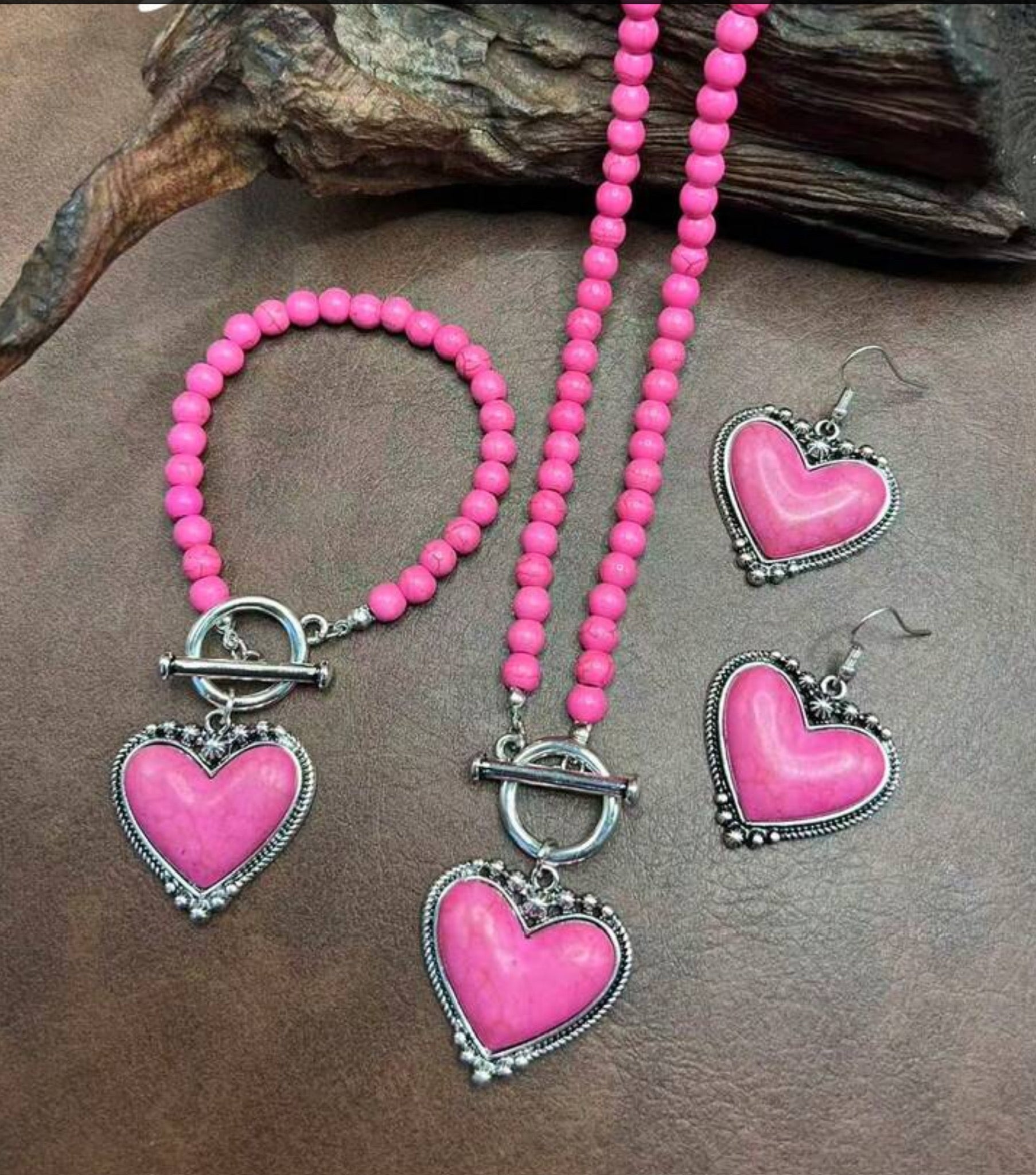 Vintage Bohemian pink Turquoise Heart Pendant, Necklace, and Dangle Earring Set