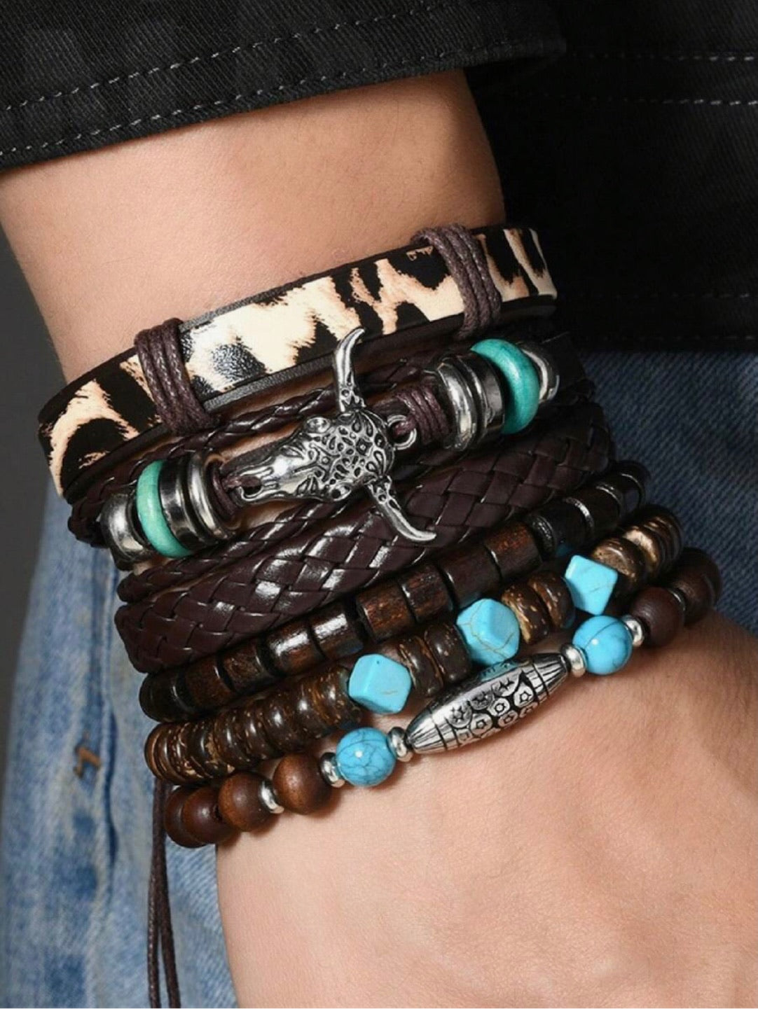 6pc Retro Western Style Leather Bracelet