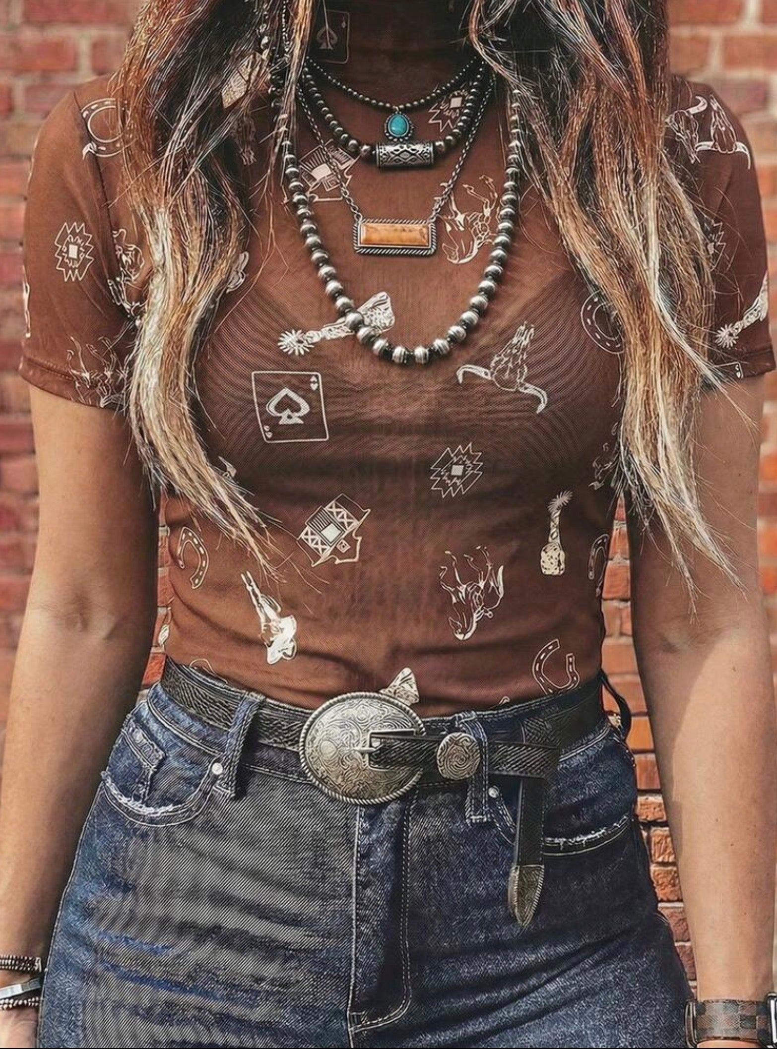 Acelitt Short Sleeve Western Print Mesh Top