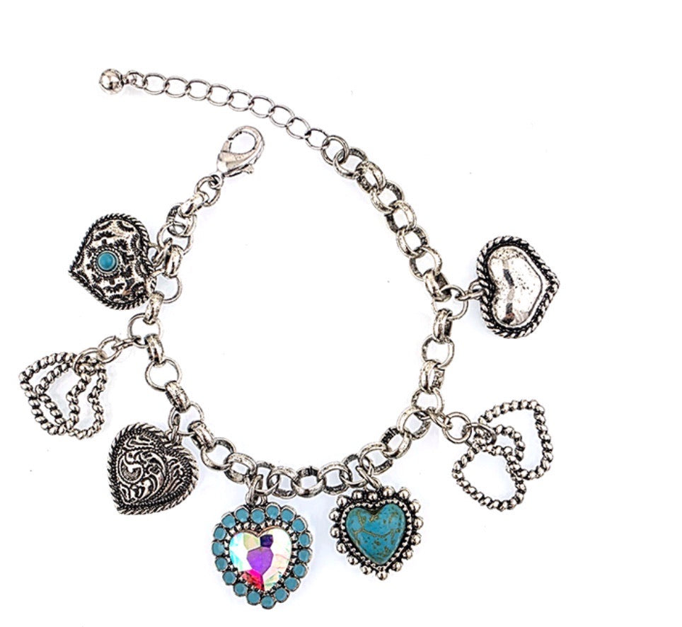 Burnished Silver Heart Charms Bracelet