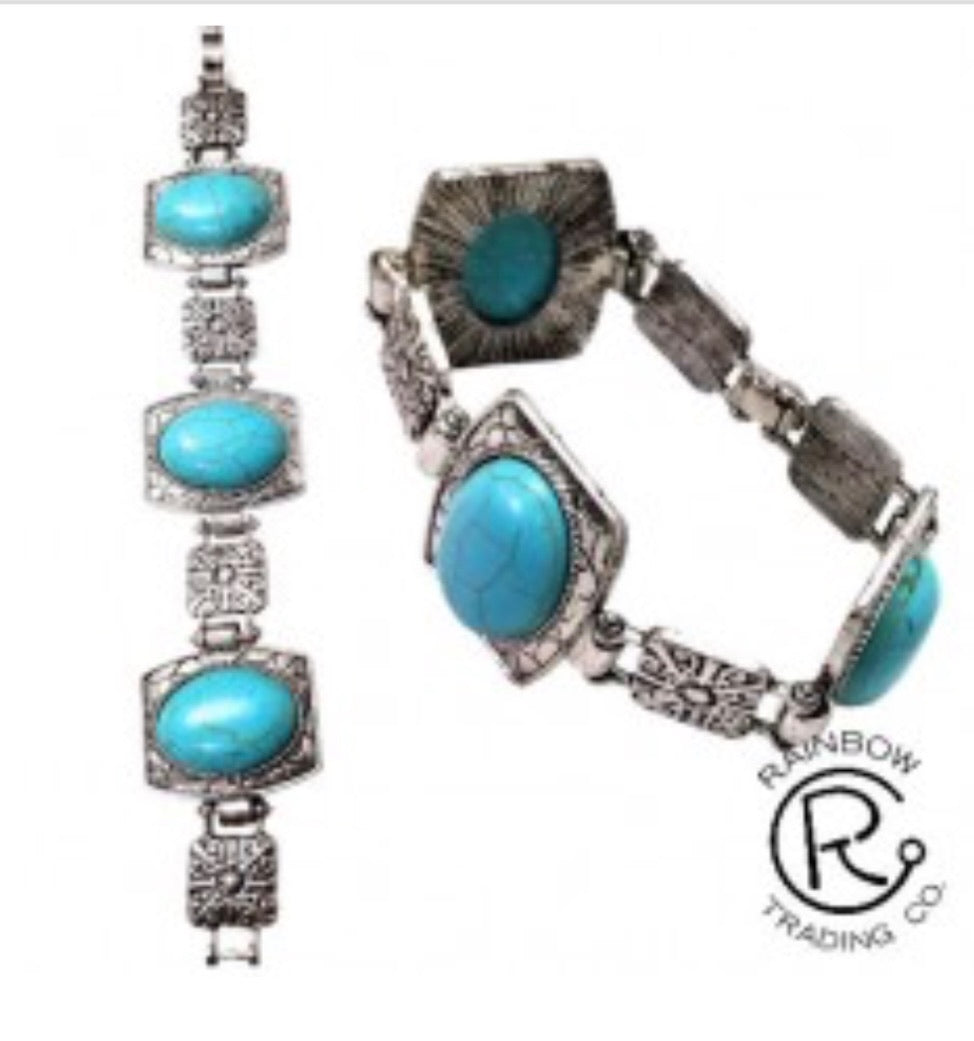 Burnished Silver Turquoise Rounds Metal Clasp Bracelet