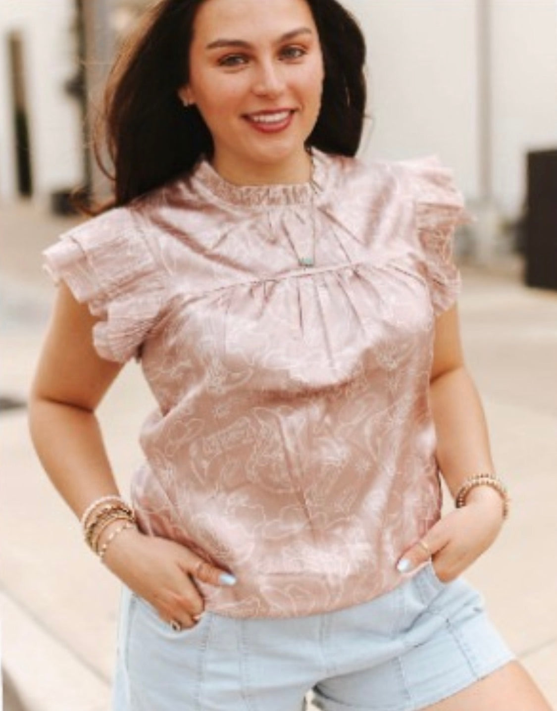 Champagne Western Printed Satin Pleated Ruffle Sleeve Top