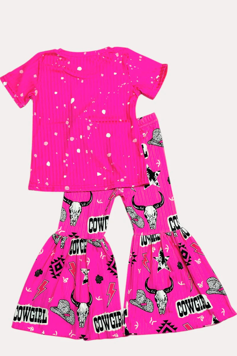 “Cowgirl Baby" Printed Short Sleeve 2pc Girls Pants Set