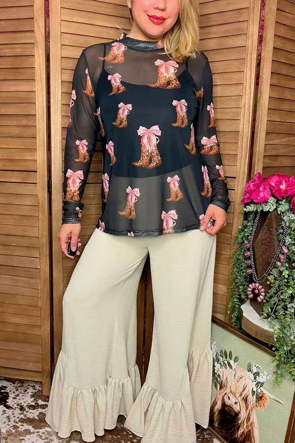 Southern Stitch Boot Print Sheer Long Sleeve Top