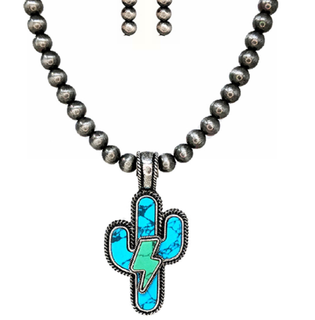 Turquoise Cactus Green Turquoise Bolt Pendant on Navajo Beads with Matching Earrings