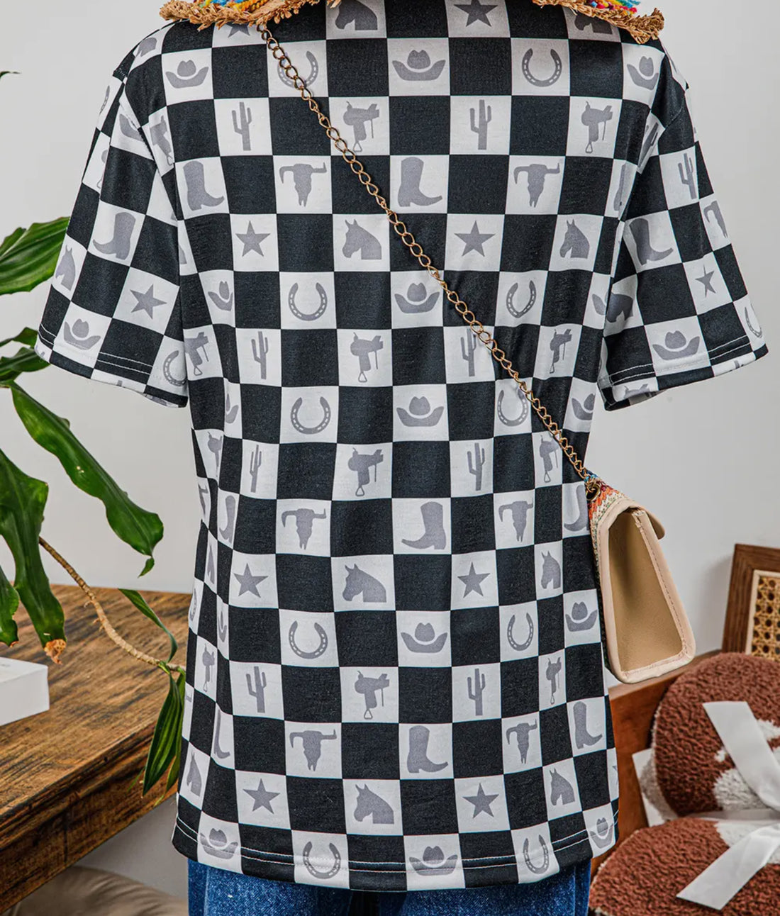 Checkerboard Western Print Side Split T-Shirt
