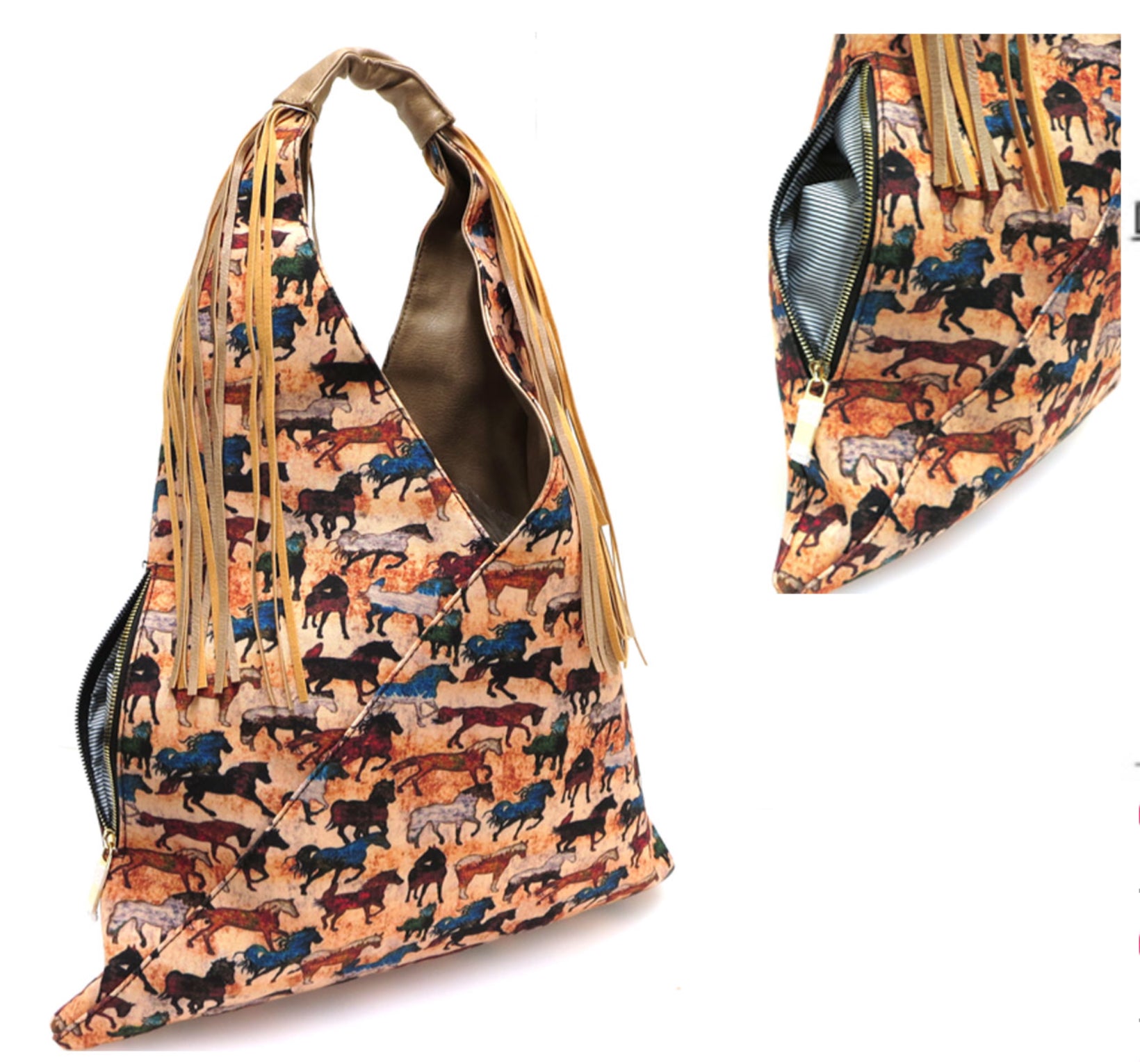 Horse Print Canvas Handbag with Side Zip Pocket and Fringe