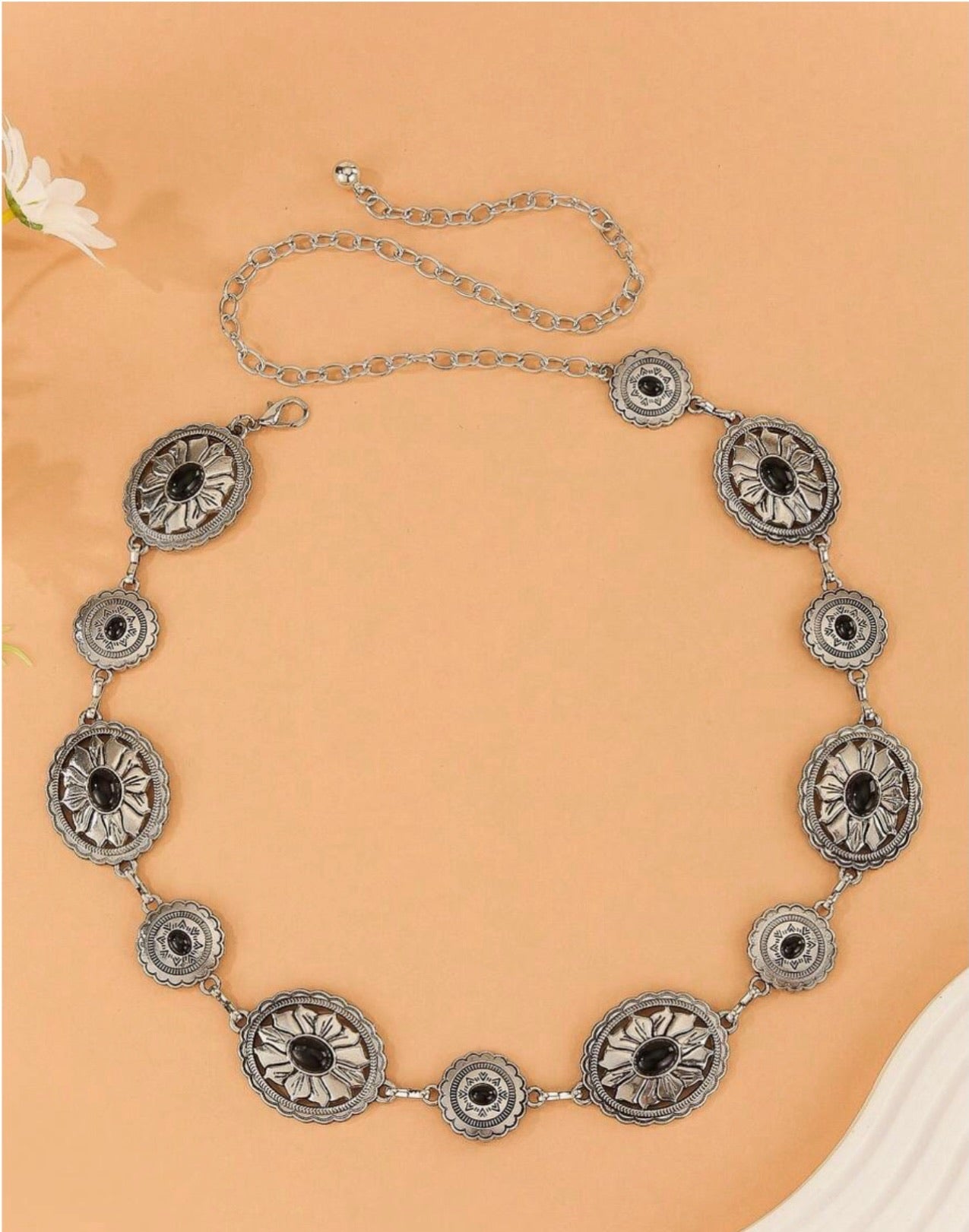 Tooled Flower Black Concho Chain Belt