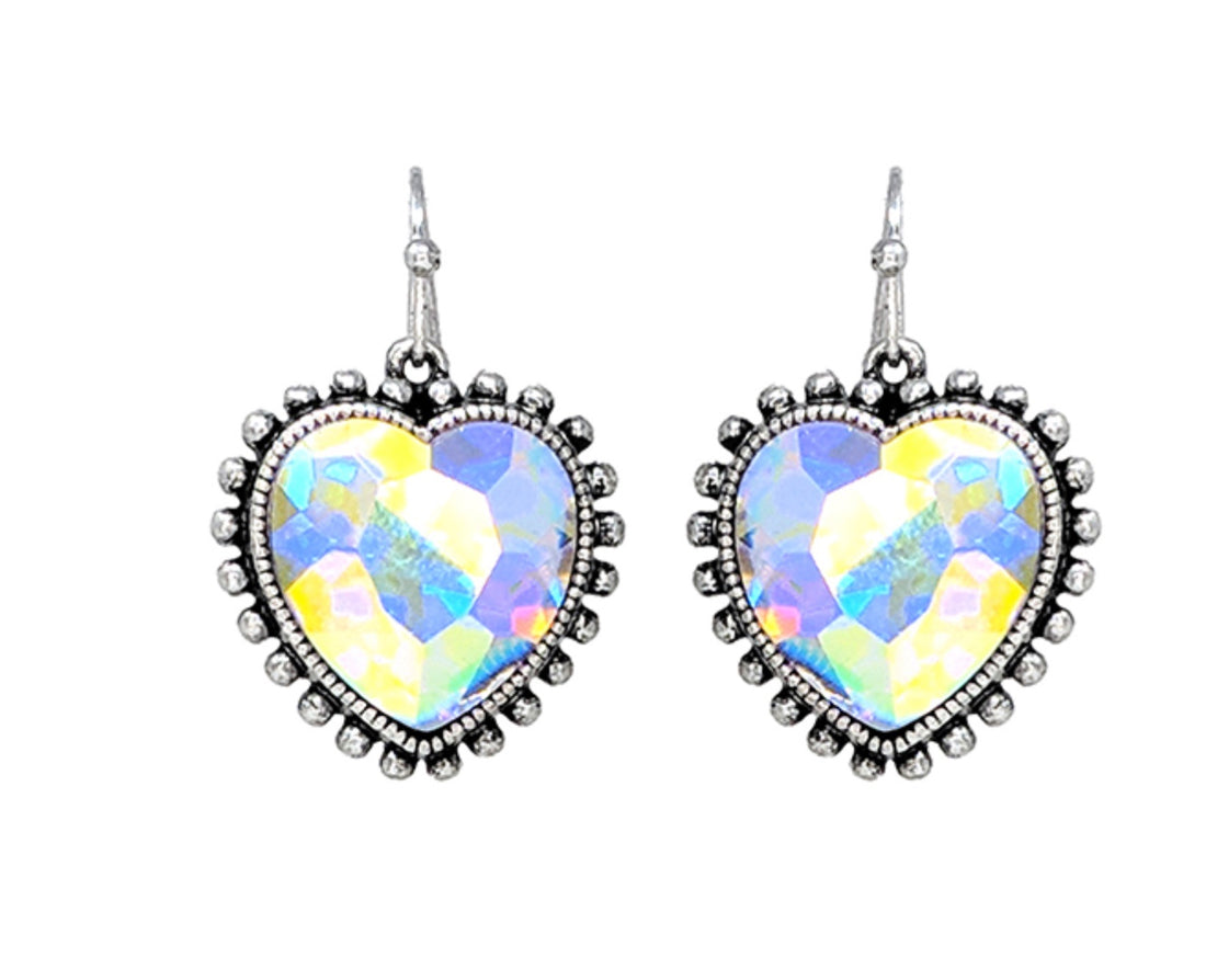 Burnished Silver with Iridescent Heart Dangle Earrings