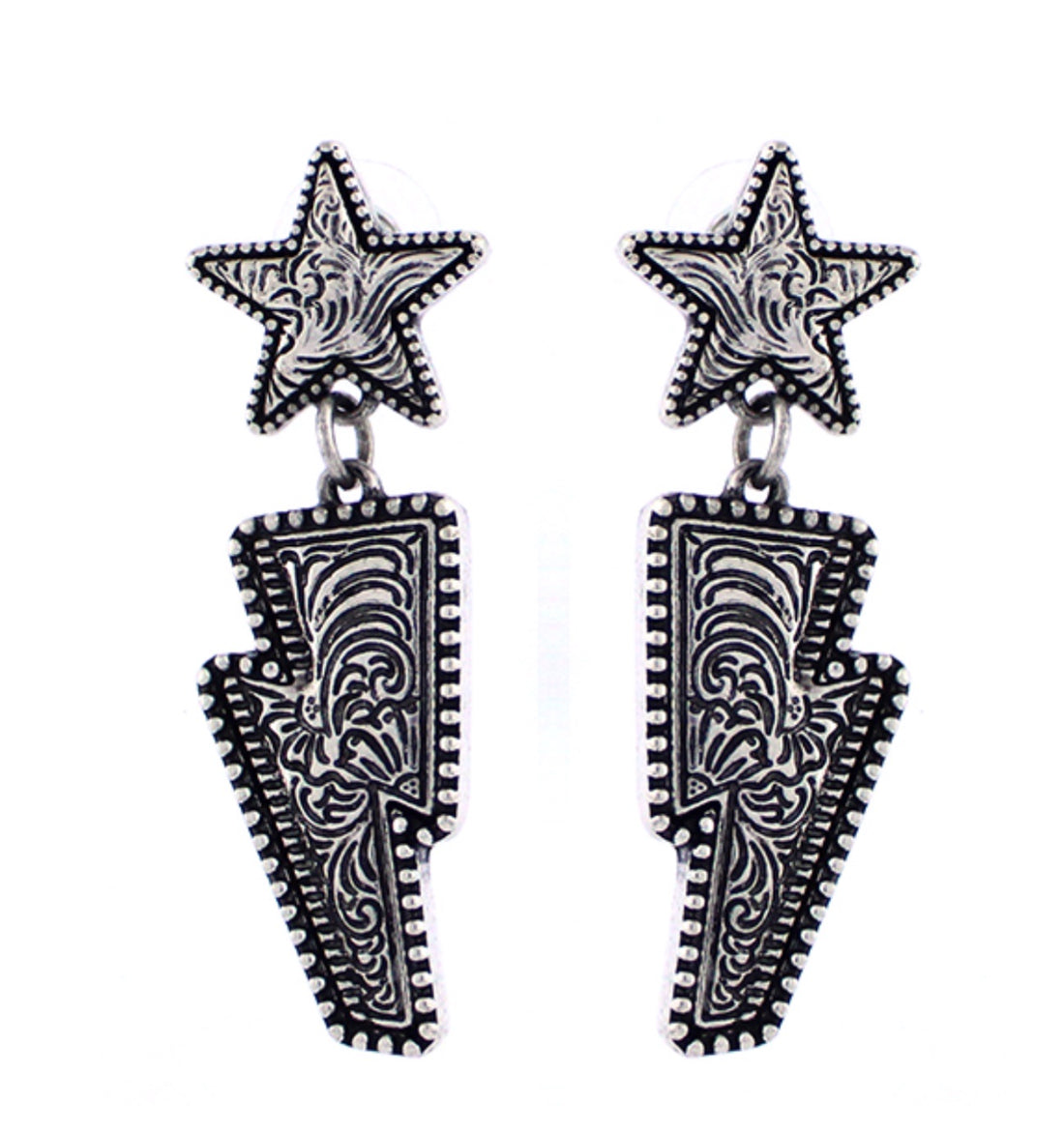 Tooled Star and Lightning Bolt Dangle Earrings