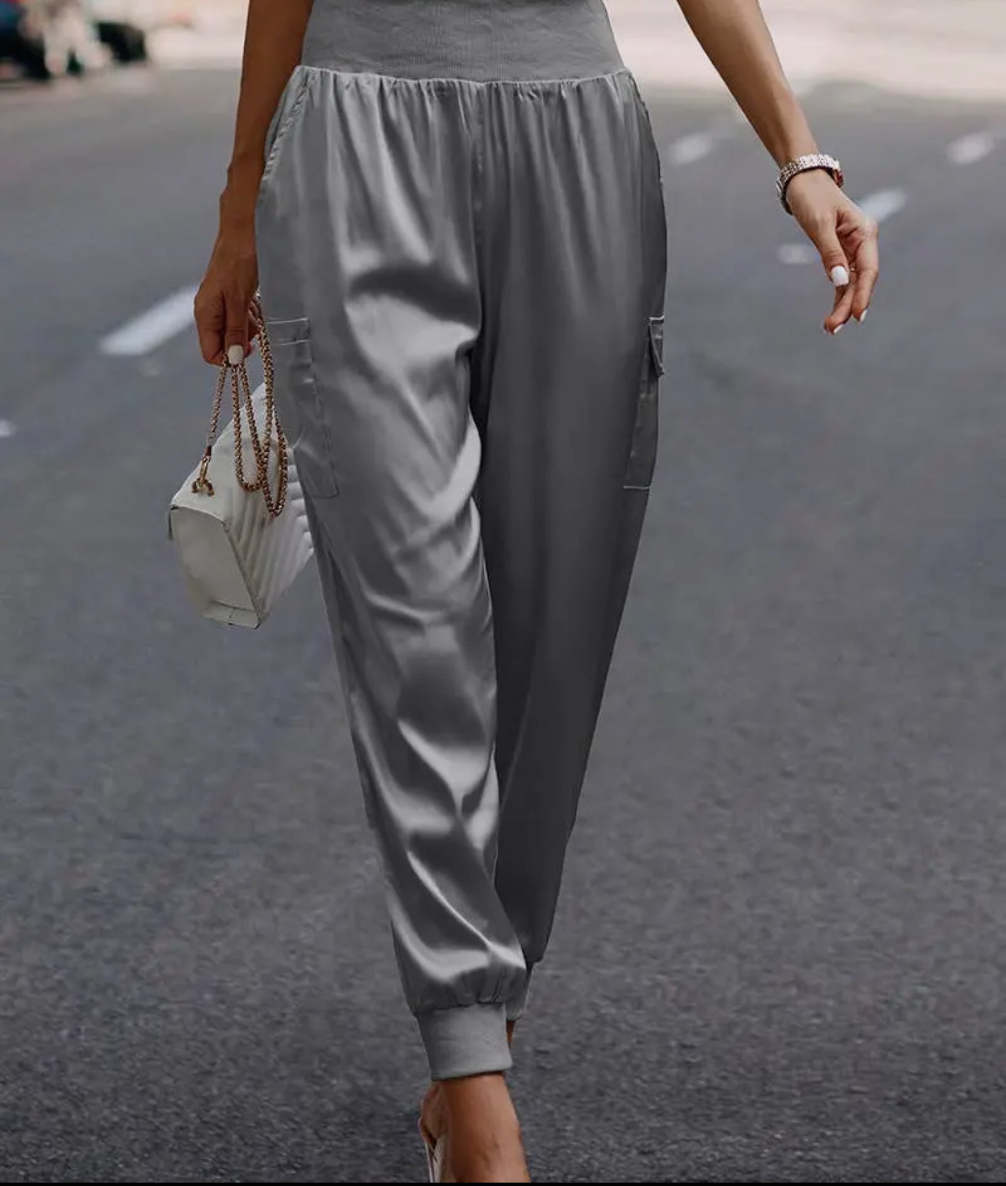 High Waist Long Pant Trousers with Pocket Satin Jogger Pants
