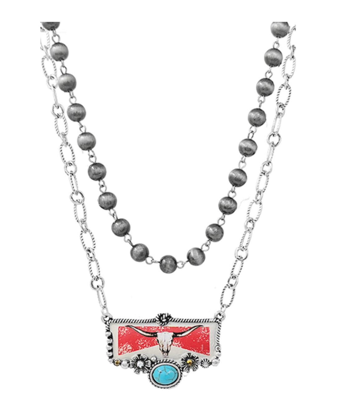 Marbrol Steer Flower Pendant on Layered Navajo Bead Necklace