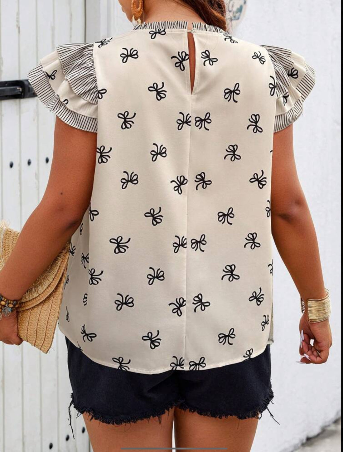 Breezaya Bow Print with Stripe Ruffle Trim Top- Cream