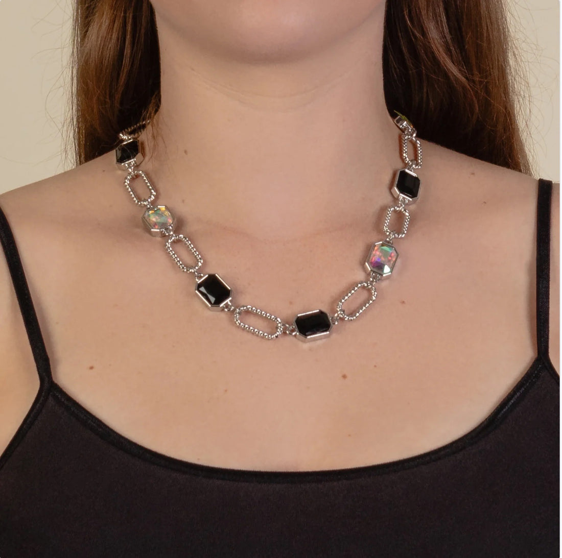Iridescent and Black Crystal Link Chain Necklace