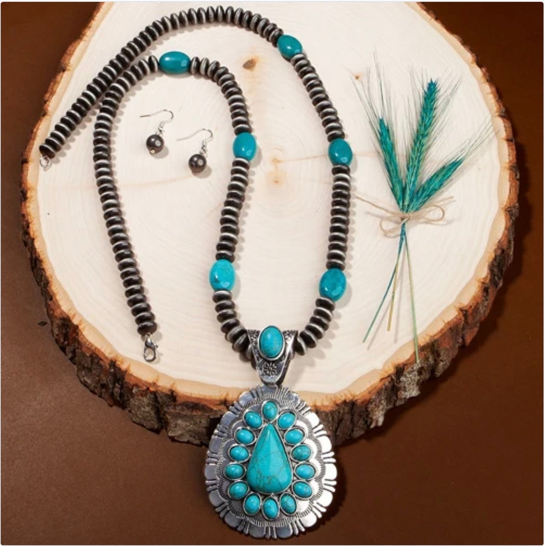 Turquoise and Silver Squash Blossom Pendant Necklace