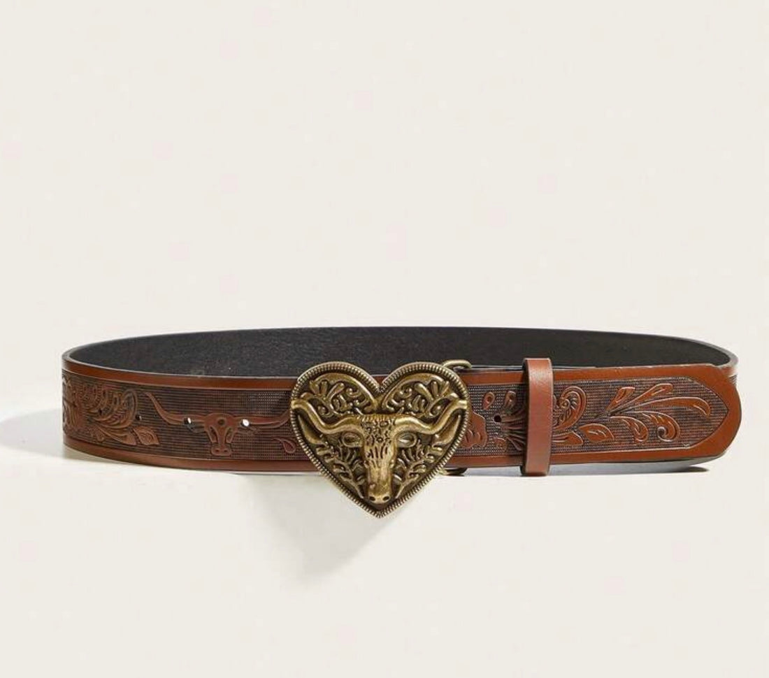 Vintage Leather Belt with Steerhead Heart Buckle