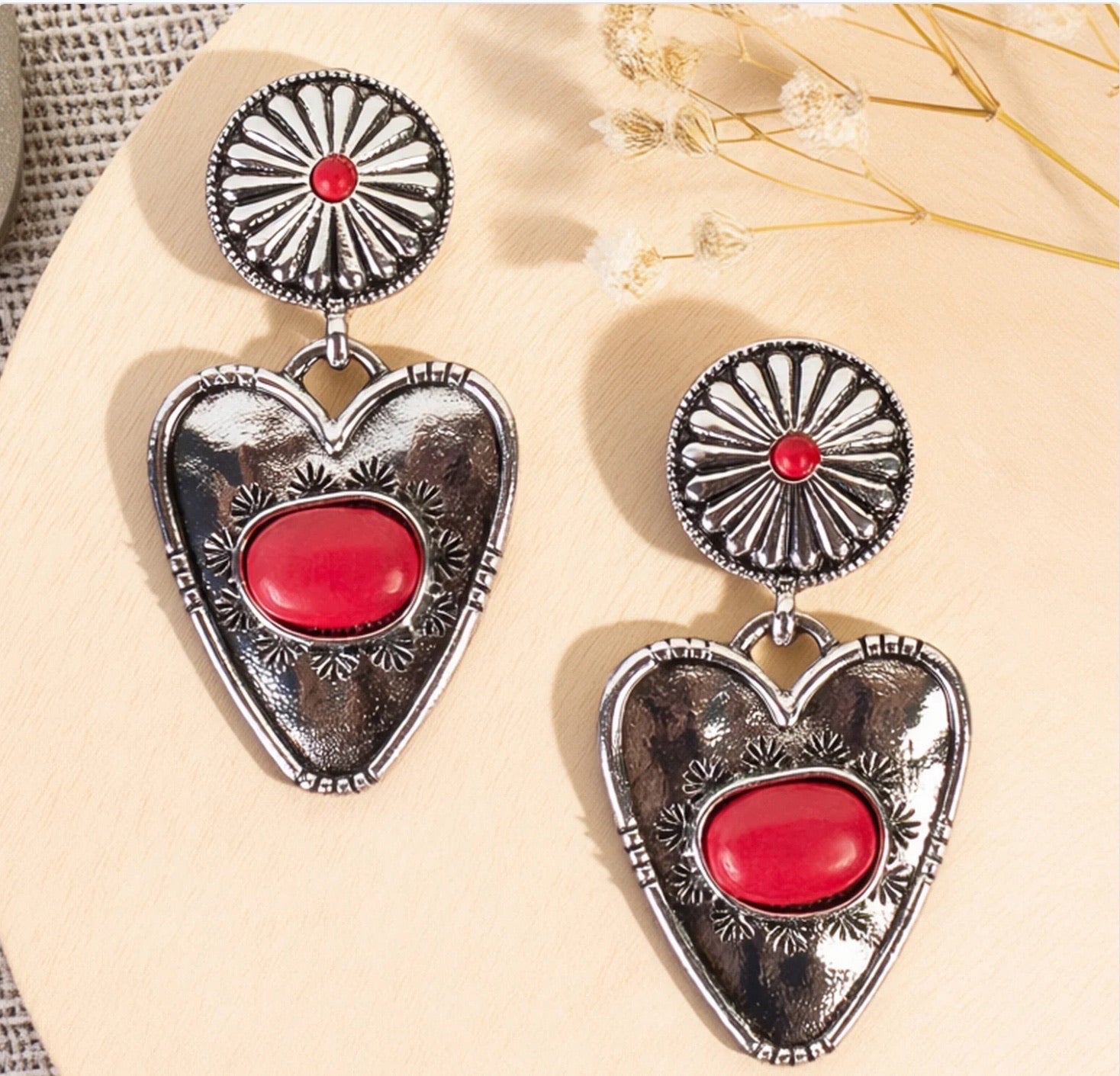 Red Heart Squash Blossom Dangle Earrings