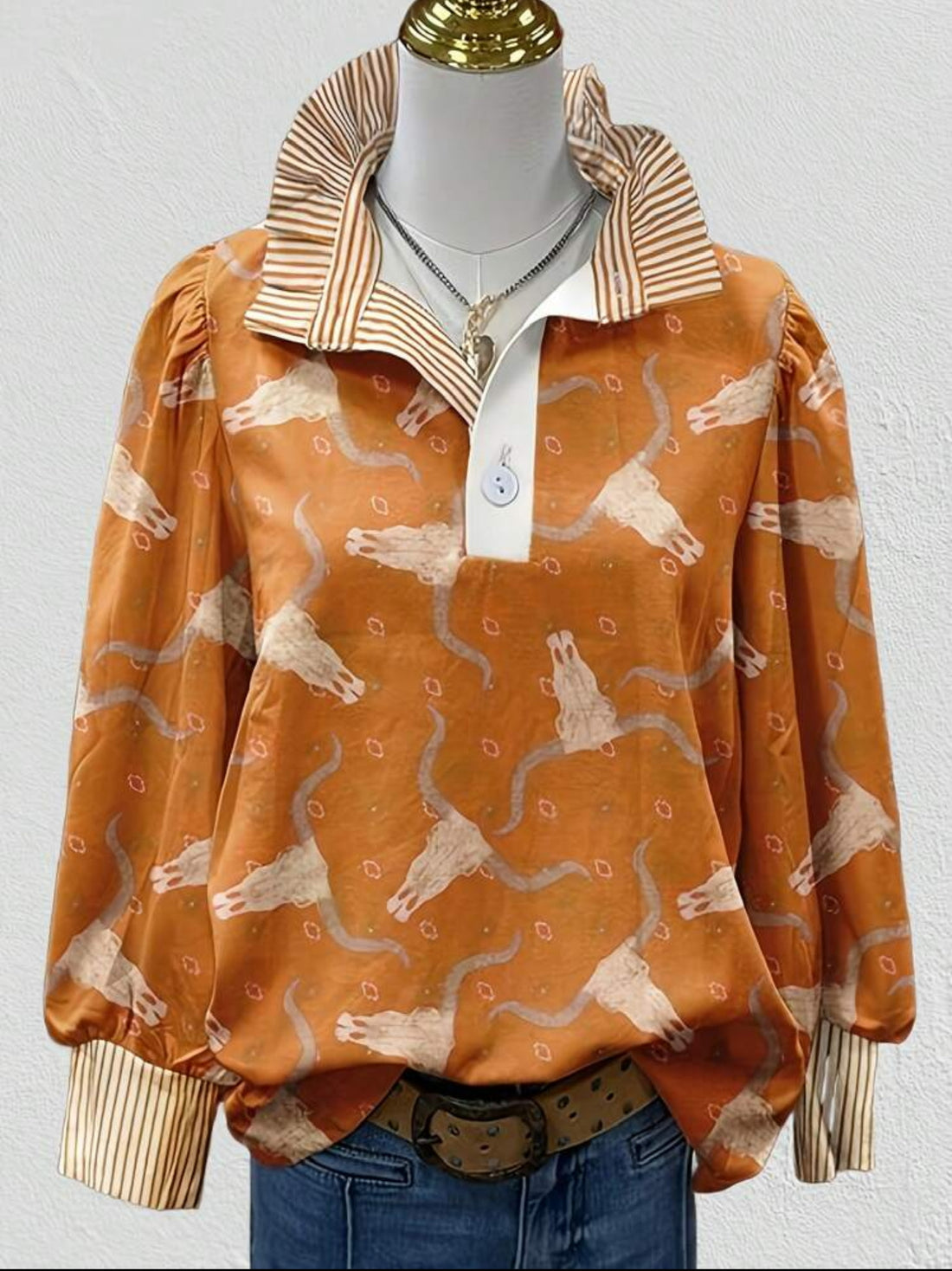 Western Inspired Top with Longhorn Skull Pattern, Ruffle Collar