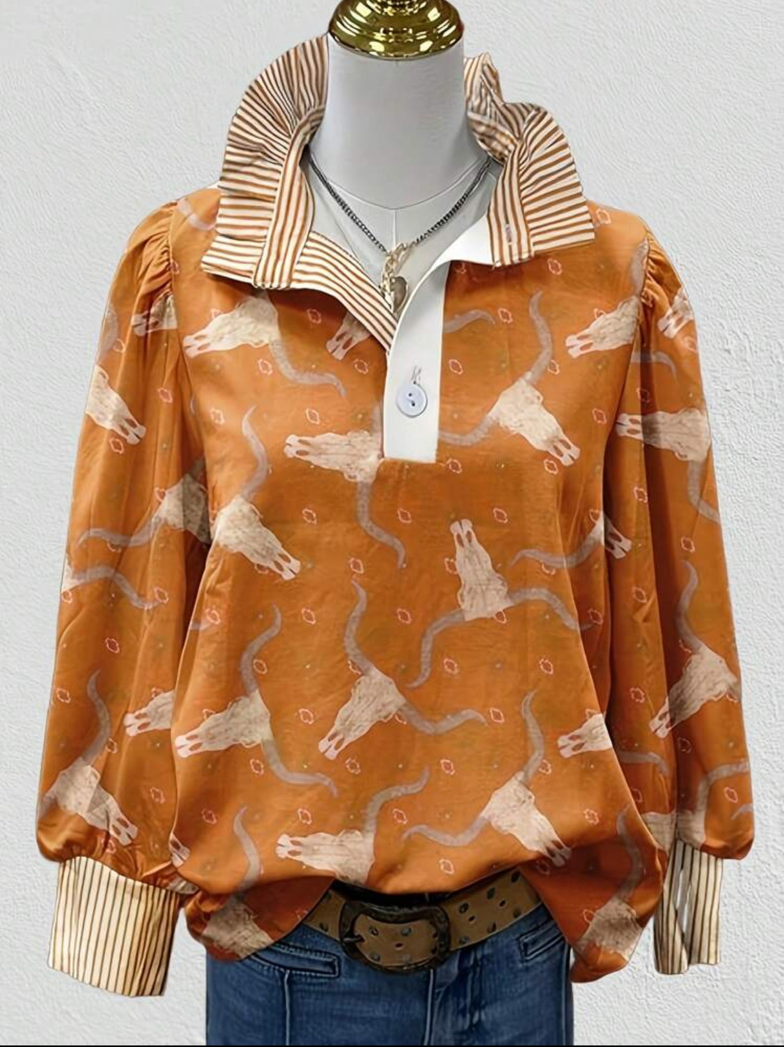 Western Inspired Top with Longhorn Skull Pattern, Ruffle Collar