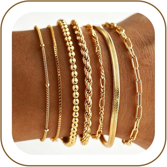 7PCS Gold Bracelets for Women, 14K Gold Plated Beaded Bracelet Set