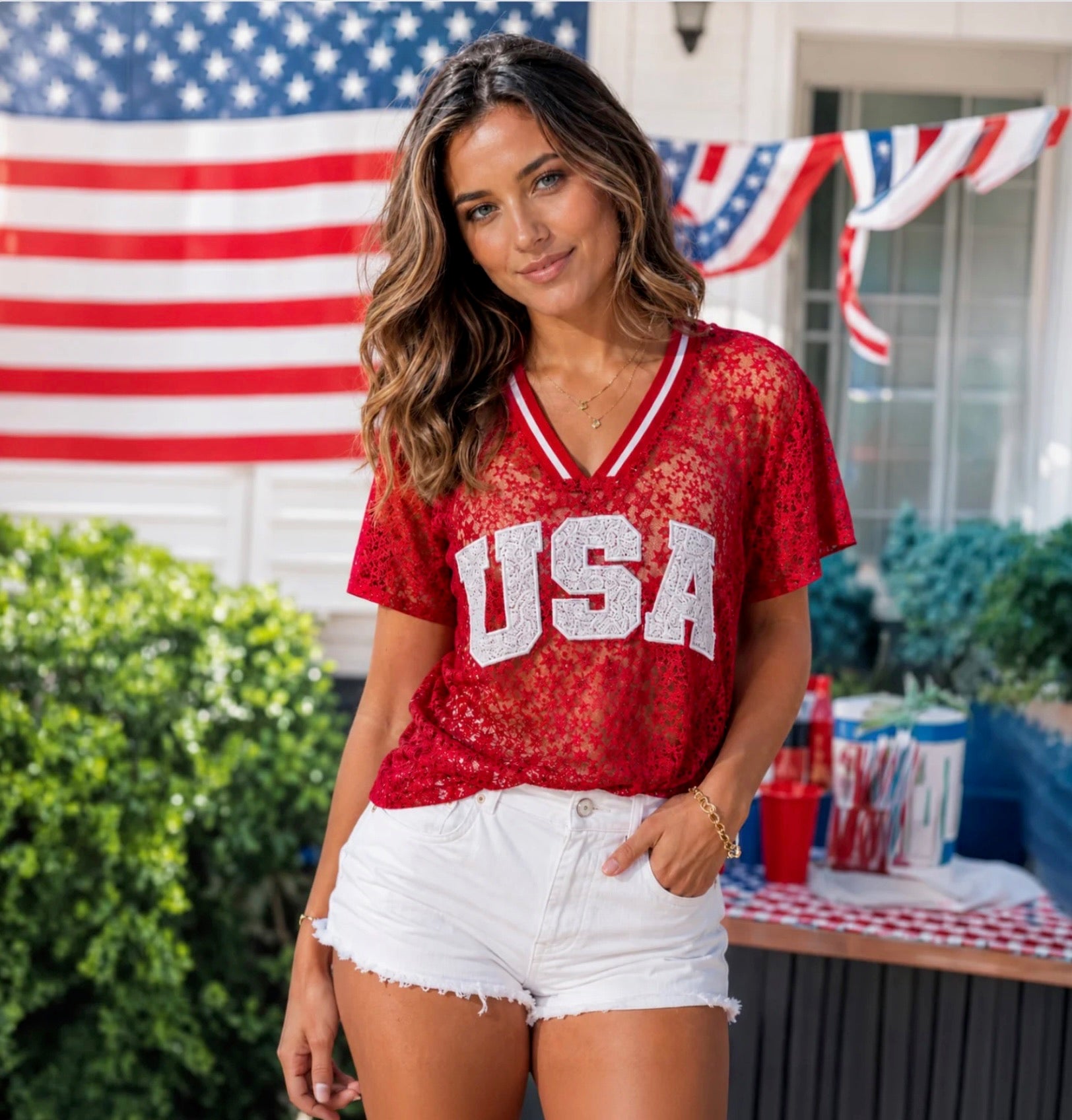 USA Sequin Lace Short Sleeve Top