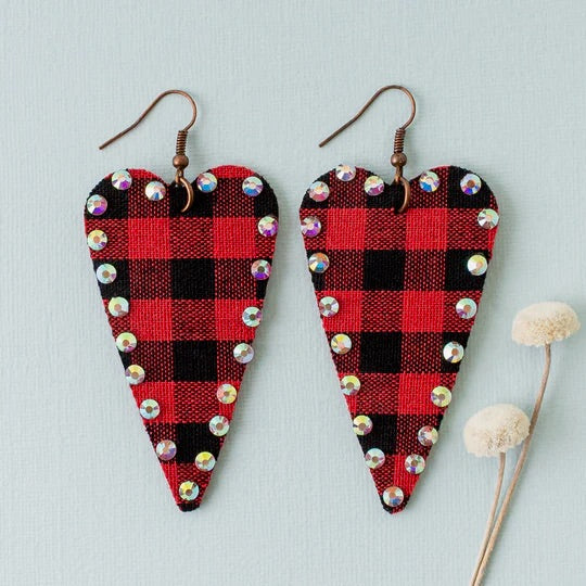 Red Plaid and Rhinestone Leather Heart Dangle Earrings