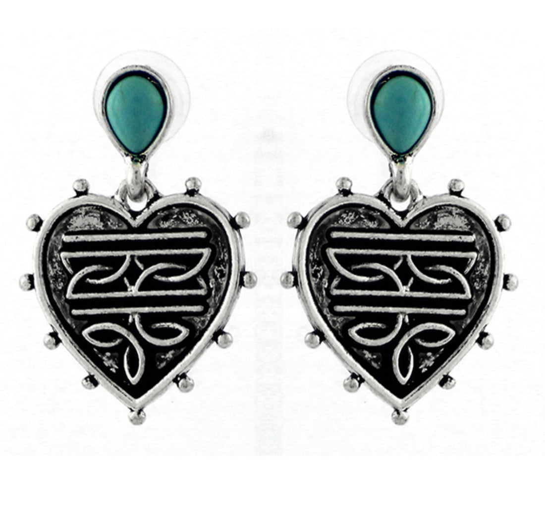 Burnished Silver Whipstitch Hearts with Turquoise Studs