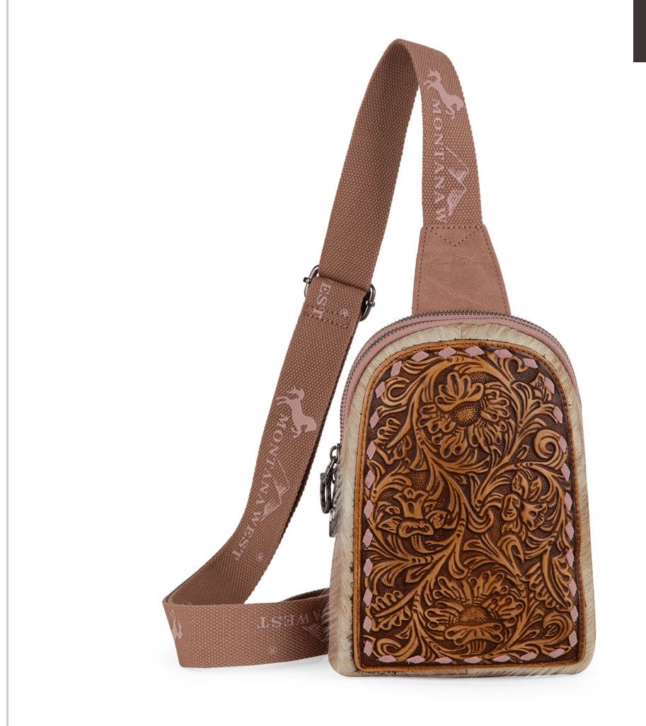 Montana West Floral Tooled Genuine Cowhide Hair On Trimmed Sling Bag