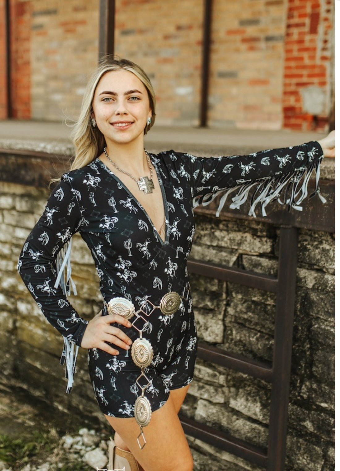 Black Western Desert Printed Fringe Romper