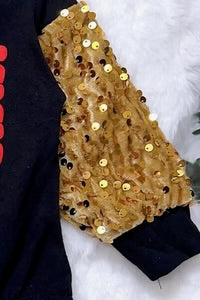 Jesus,Jesus,Jesus Printed Black Onesie with Gold Sequin Sleeves