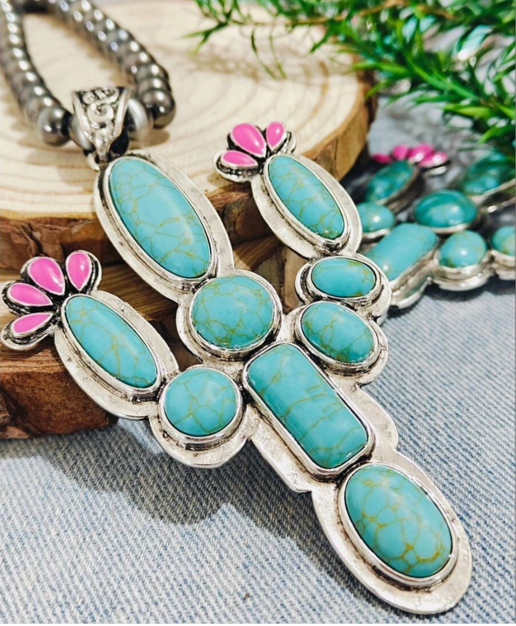 Oversized Cactus Pendant on a Navajo Bead Necklace