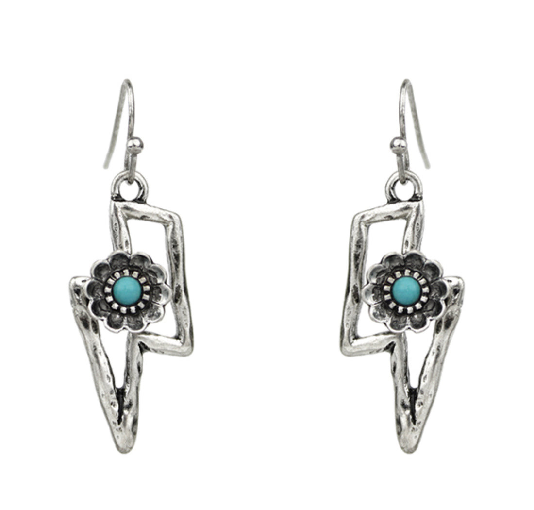 Hammered Style Lightning Bolt with Flower Dangle Earrings