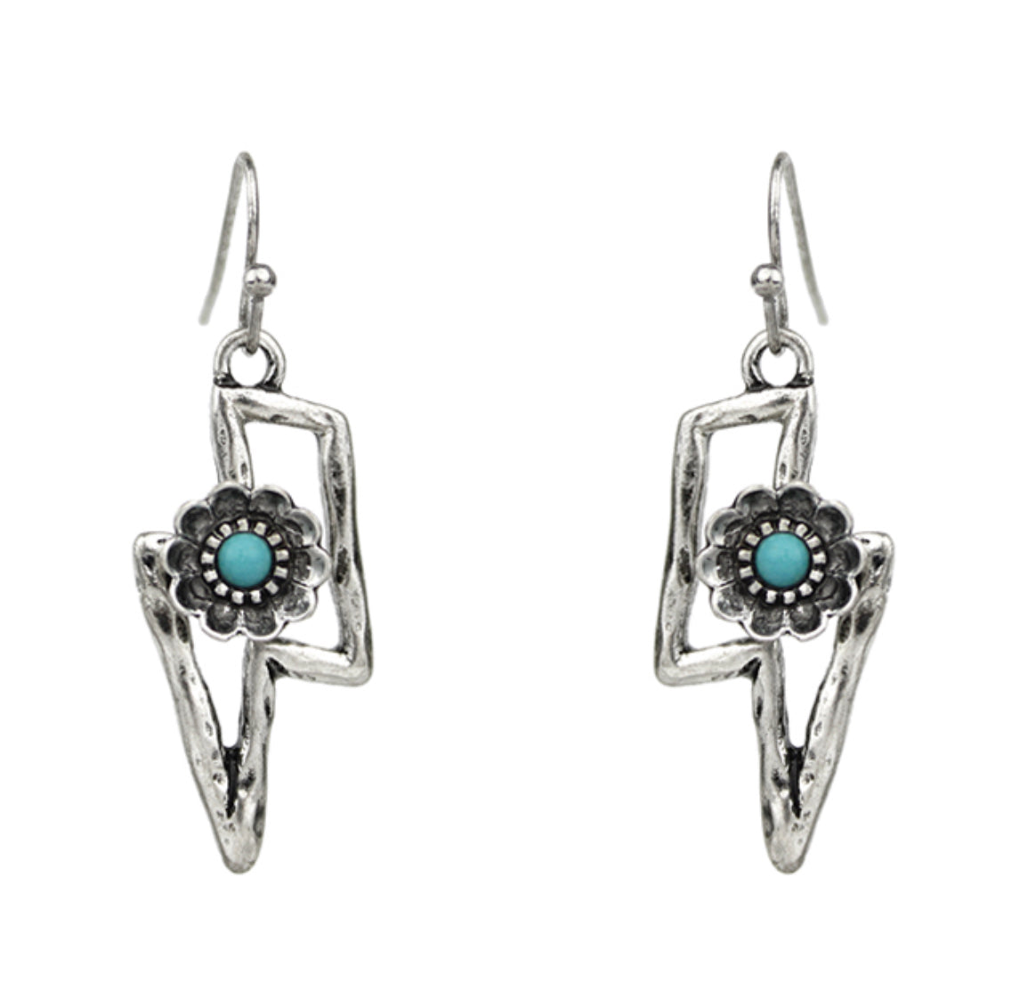 Hammered Style Lightning Bolt with Flower Dangle Earrings