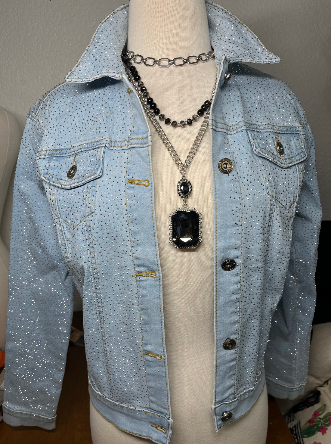 Denim Jacket with Bling Chip Rhinestone Attached