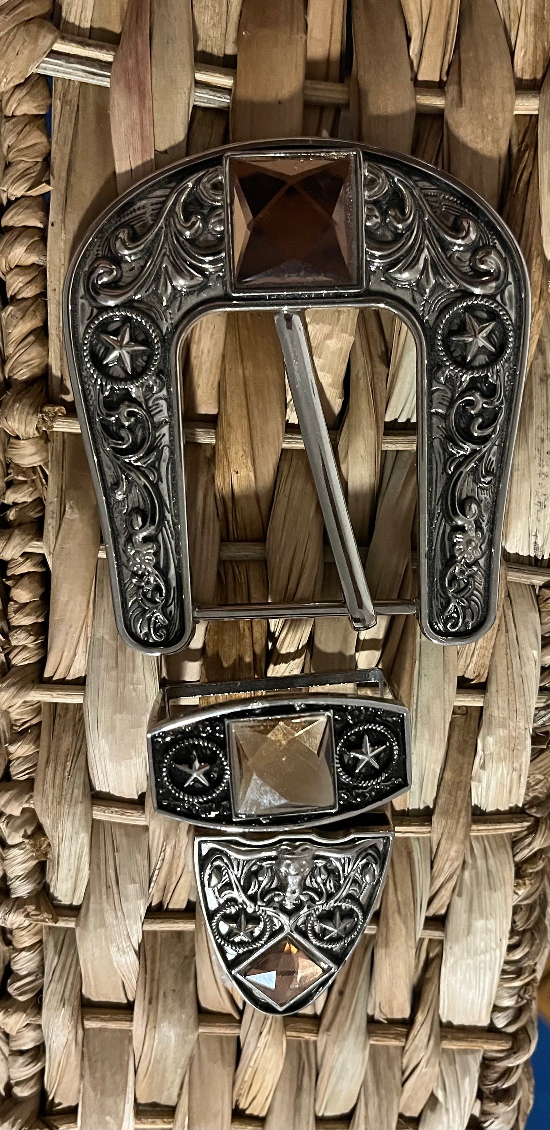 Three Piece Belt Buckle- Silver with Rhinestones