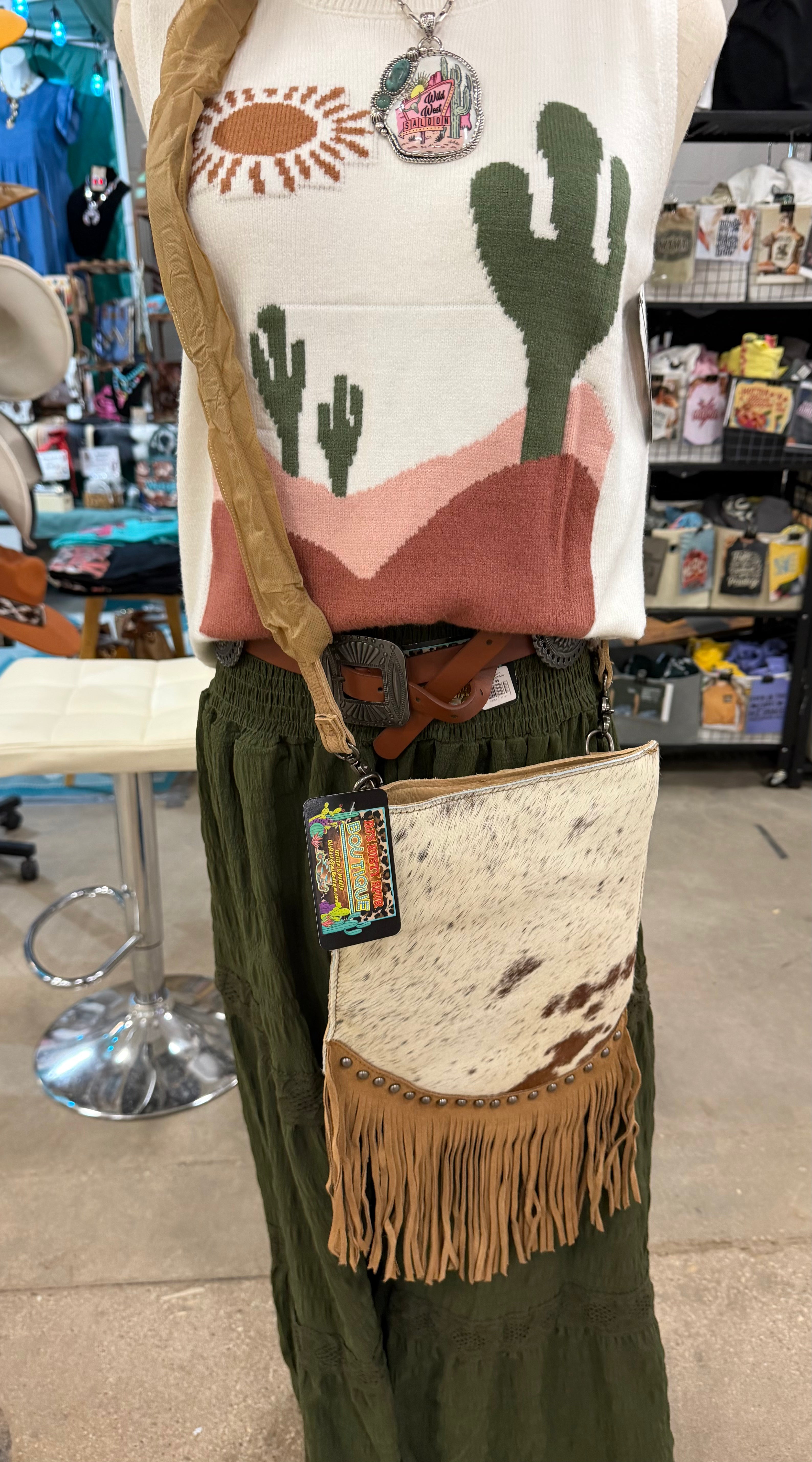 Western Cowhide Crossbody Messenger Bag with Fringe