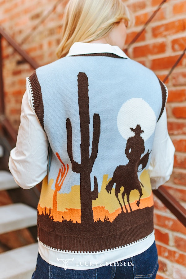 Western Cowboy Sunset Knit Sweater Vest