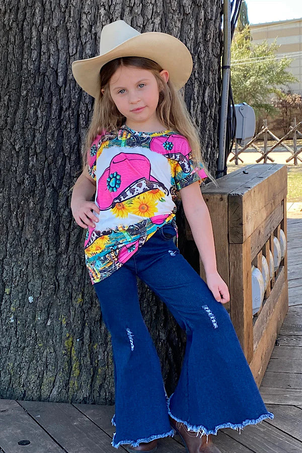 Pink Cowgirl Hat & Cactus Printed Short Sleeve T-Shirt